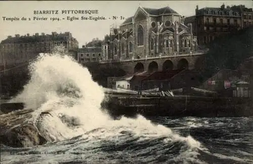 Ak Biarritz Pyrénées Atlantiques, Kirche Sainte Eugénie, raue See