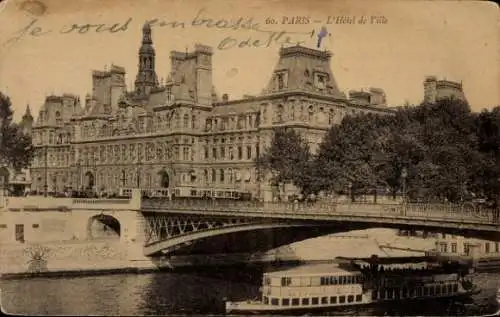 Ak Paris VI, Rathaus, Salondampfer passiert Brücke