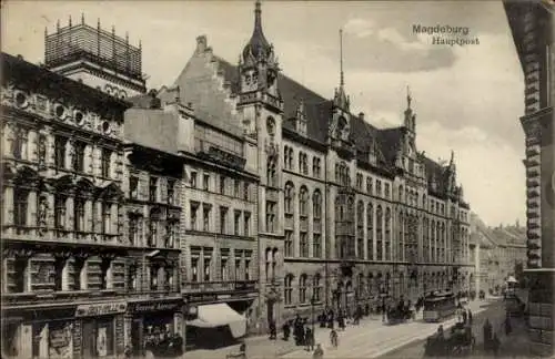 Ak Magdeburg an der Elbe, Hauptpostamt, Straßenbahn