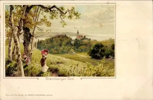 Litho Starnberg Oberbayern, Elegante Dame mit Regenschirm, Stadt, Landschaft, Starnberger See