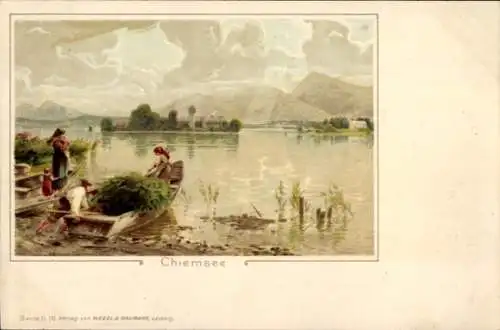 Künstler Litho Gemeinde Chiemsee Oberbayern, Boote, Landschaftspanorama