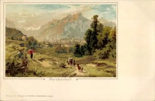 Litho Bad Reichenhall in Oberbayern, Hirte auf den Weg zur Stadt, Ziegen