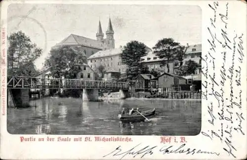 Ak Hof an der Saale Oberfranken Bayern, Teilansicht, Brücke, St. Michaeliskirche