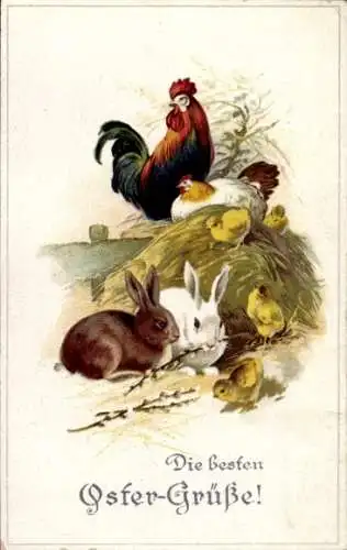 Ak Frohe Ostern, Osterhasen, Küken, Weidenkätzchen, im Heu
