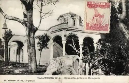 Ak Thessaloniki Griechenland, Kloster von der Stadtmauer gesehen