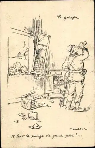Künstler Ak Poulbot, Francisque, Trinkender Soldat wird von Kindern beobachtet
