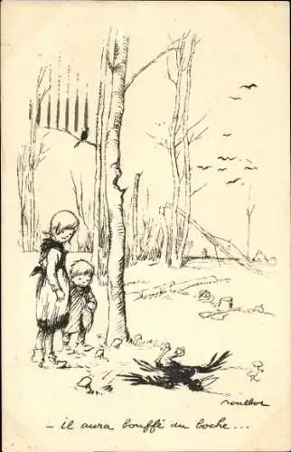 Künstler Ak Poulbot, Francisque, Kinder finden tote Krähe