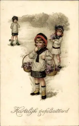 Ak Glückwunsch Geburtstag, Kinder mit Blumenkörben
