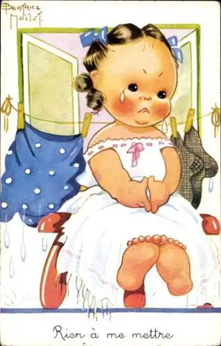 Künstler Ak Mallet, Beatrice, Weinendes Mädchen, Wäsche hängt auf der Leine