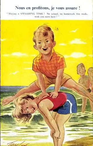 Künstler Ak Taylor, Kinder am Strand, Bocksprung