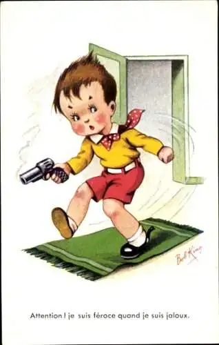 Künstler Ak King, Bob, Jealousy is the first sign of true love, Junge mit rauchendem Revolver