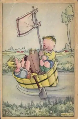 Künstler Ak Links, Karel, Kinder in einem Fass als Boot