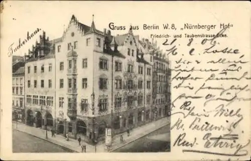 Ak Berlin Mitte, Nürnberger Hof, Friedrichstraße Ecke Taubenstraße, Tucherhaus, Litfaßsäule