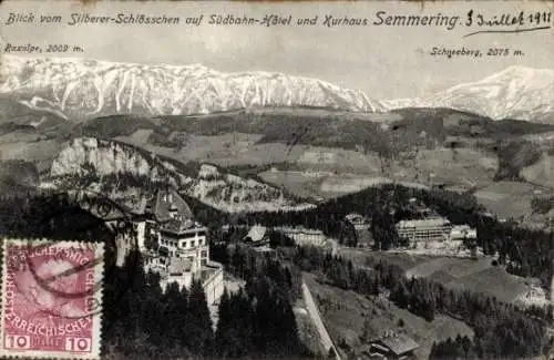 Ak Semmering in Niederösterreich, Südbahn-Hotel und Kurhaus, Blick vom Silberer Schlösschen