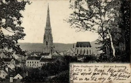 Ak Linz an der Donau Oberösterreich, Maria Empfängnis Dom, Blick vom Bauernberg