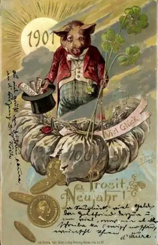 Künstler Präge Litho Fröhliches Neujahr, Vermenschlichtes Schwein, Jahreszahl 1901, Münzen