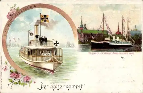 Litho Berliner Gewerbe-Ausstellung 1896, Der Kaiser kommt, SM Yacht Alexandria