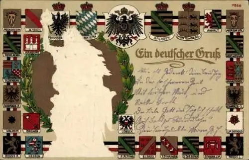 Präge Wappen Litho Ein deutscher Gruß, Landeswappen, Germania