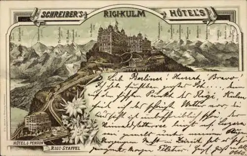 Vorläufer Litho Rigi Kulm Kanton Schwyz, Schreiber's Rigi Kulm Hotels, Rigi Staffel, Gebirge, 1895