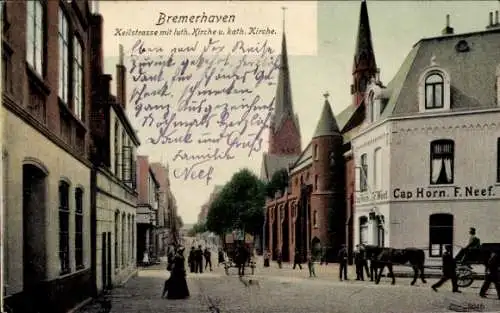 Ak Bremerhaven, Keilstraße, Restaurant Cap Horn, lutherische und katholische Kirche