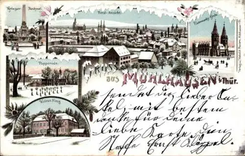Winter Litho Mühlhausen in Thüringen, Gesamtansicht, Kriegerdenkmal, Popperode, Weißes Haus