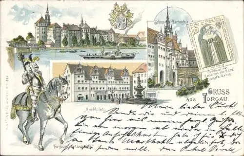 Litho Torgau an der Elbe, Gesamtansicht, Schloss Hartenfels, Marktplatz, Grabmahl Katharina v. Bora