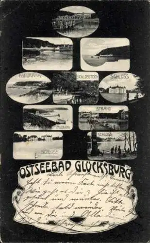 Ak Glücksburg an der Ostsee, Panorama, Schlossteich, Schloss, Strand