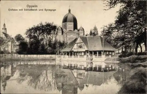 Judaika Ak Opole Oppeln Schlesien, Eishaus mit Schlossteich und Synagoge