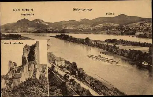 Ak Königswinter am Rhein, Ruine Drachenfels, Honnef, Siebengebirge, Dampfer