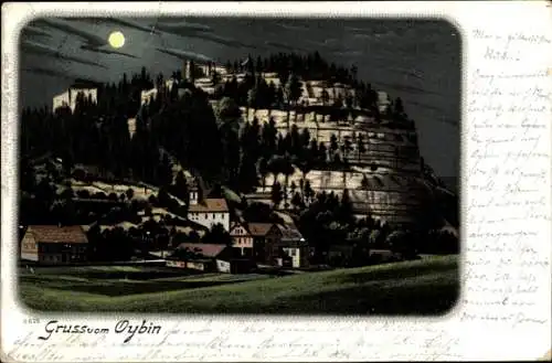 Mondschein Litho Oybin in Sachsen, Teilansicht bei  Nacht, Felsen