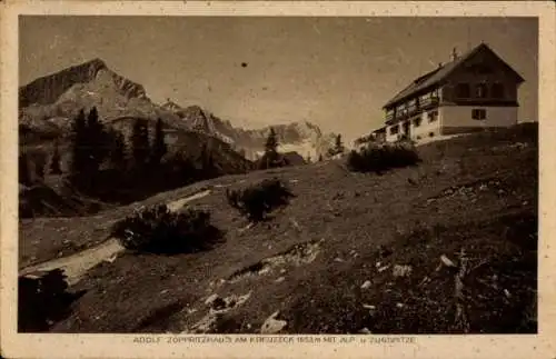 Ak Garmisch Partenkirchen in Oberbayern, Kreuzeckhaus, Adolf Zoeppritz Haus, Alp- und Zugspitze