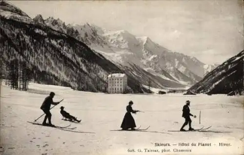 Ak Argentière Haute Savoie, Hotel du Planet, Winter, Skifahrer