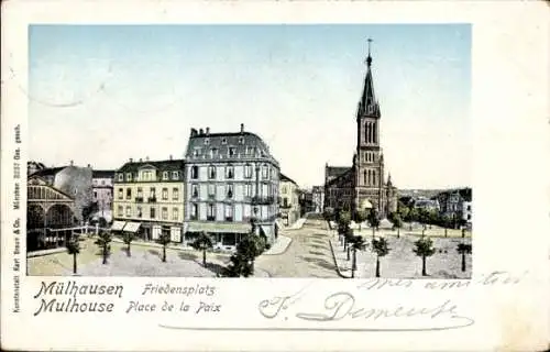 Litho Mulhausen Mühlhausen Elsass Bas Rhin, Friedensplatz, Kirche