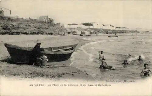 Ak Cette Hérault, La Plage de la Corniche, Lazaret Catholique