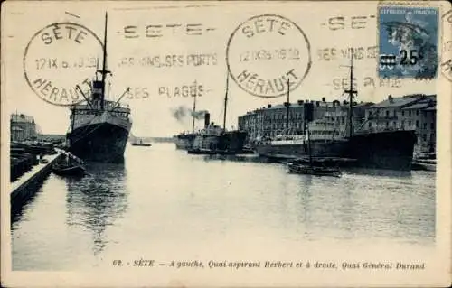 Ak Sète Cette Hérault, A gauche, Quai aspirant Herbert et la droite, Quai General Durand