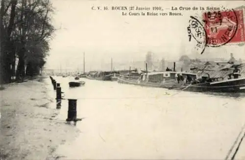 Ak Rouen Seine Maritime, La Crue de la Seine, Le Cours la Reine