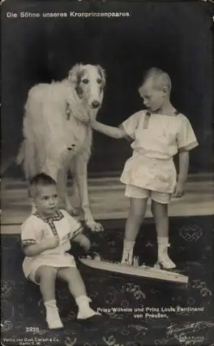 Ak Söhne des preußischen Kronprinzenpaares, Wilhelm, Louis Ferdinand, Liersch 2335, Windhund