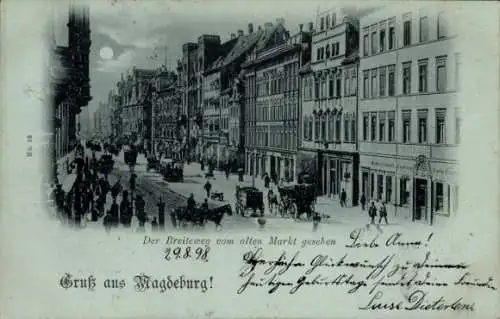 Mondschein Ak Magdeburg an der Elbe, Breiteweg vom alten Markt gesehen