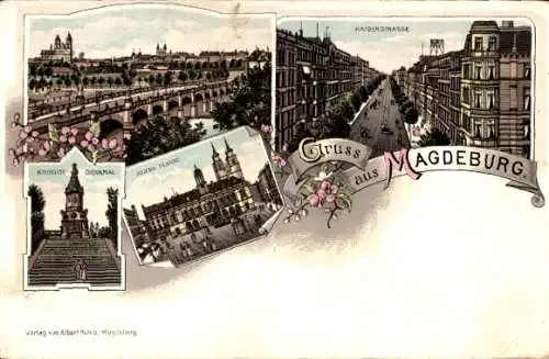 Litho Magdeburg in Sachsen Anhalt, Kaiserstraße, Alter Markt, Kriegerdenkmal