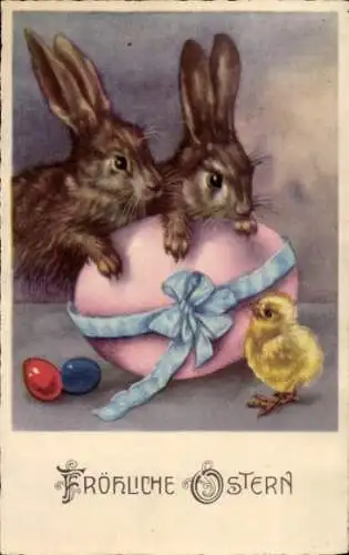 Ak Frohe Ostern, Osterhasen mit Küken und Osterei