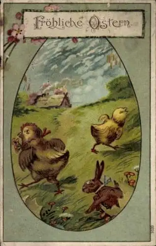 Präge Ak Frohe Ostern, Osterhasen mit Küken auf Wiese