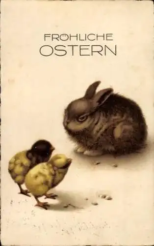 Ak Frohe Ostern, Osterhase und Küken