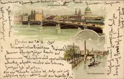 Litho London City England, Embankment, Blackfriars Bridge