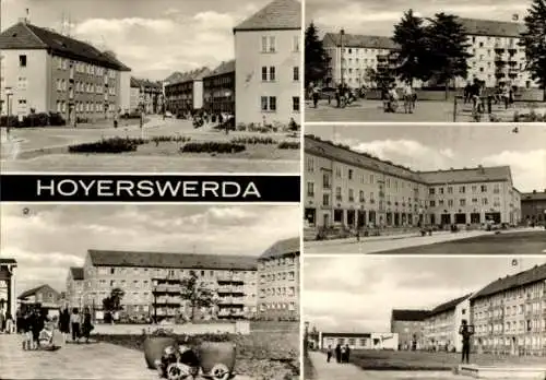 Ak Hoyerswerda in der Oberlausitz, August Bebel Straße, Kinderspielplatz, Wohnkomplex, Bahnhof