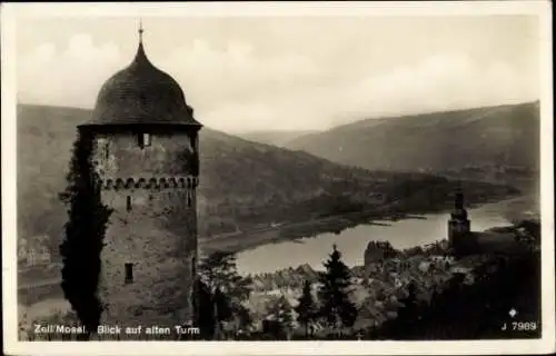 Ak Zell an der Mosel, Panorama, Turm, Kirche, Berge