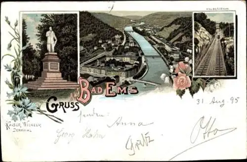 Litho Bad Ems an der Lahn, Kaiser-Wilhelm-Denkmal, Malbergbahn, Panorama