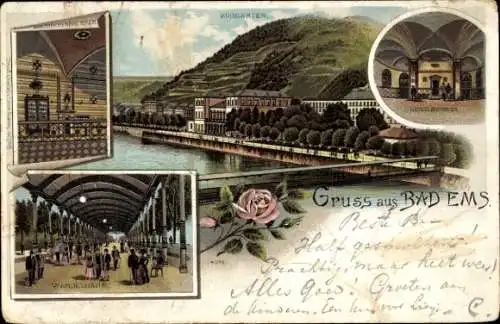 Litho Bad Ems an der Lahn, Kurgarten, Kesselbrunnen, Wandelbahn