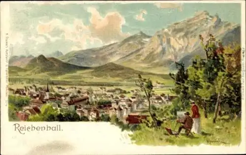 Künstler Litho Bad Reichenhall in Oberbayern, Panorama, Maler, Berge