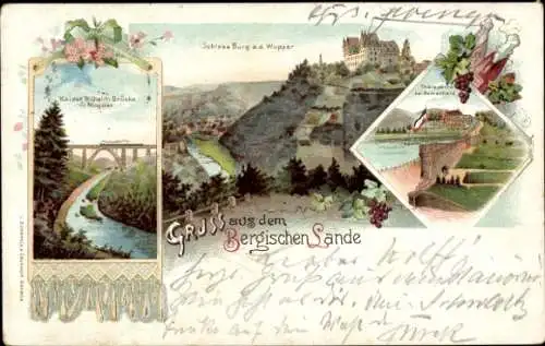 Litho Burg an der Wupper Solingen, Schloss Burg, Kaiser Wilhelm Brücke, Talsperre bei Remscheid