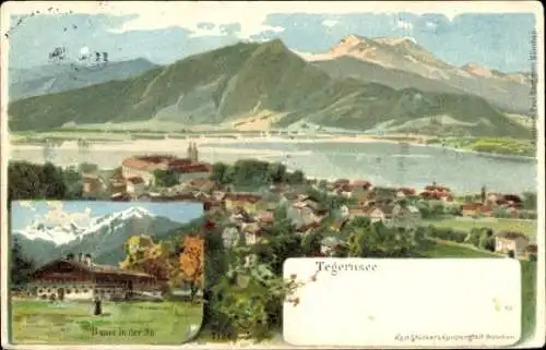 Litho Tegernsee in Oberbayern, Gesamtansicht, Bauer in der Au